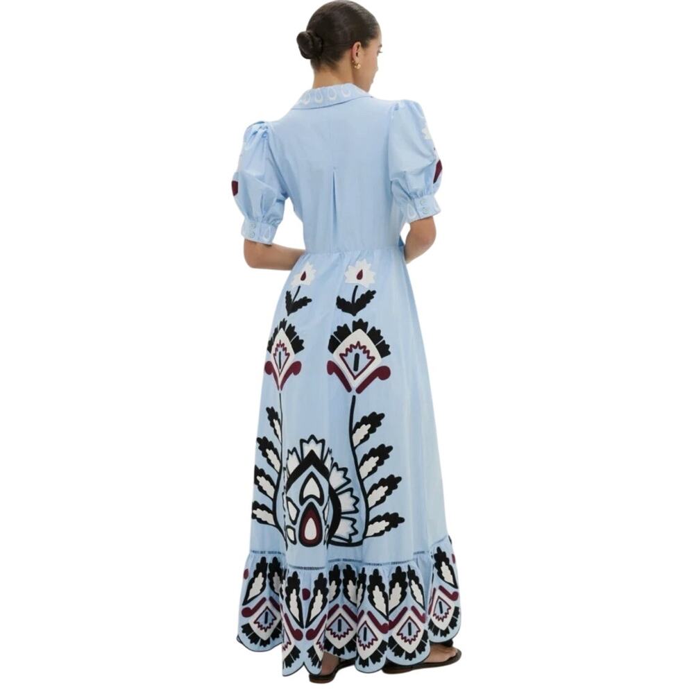 NWT Farm Rio Women's Medium Blue Artisanal Short Sleeve Maxi Dress $410 Boho New - Picture 3 of 16